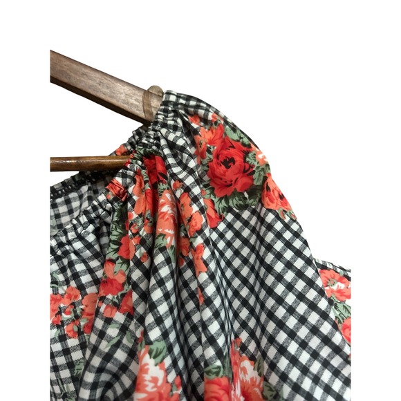 Vivid Importers Black Gingham Floral‎ Ruffle Sleeve Off Shoulder Top Women's L - Picture 3 of 6